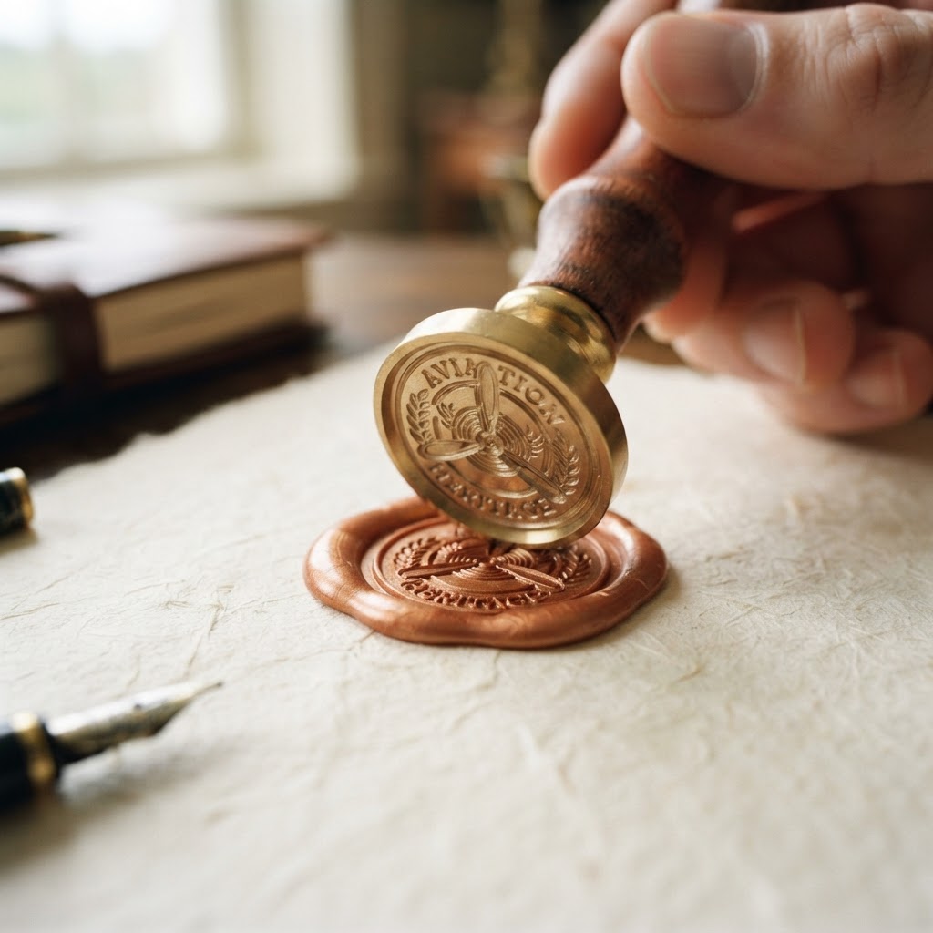 Decorative aviation seal being pressed into wax